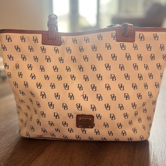 Dooney & Bourke Cream and Brown with Navy Logo Tote  Bag - Picture 1 of 5
